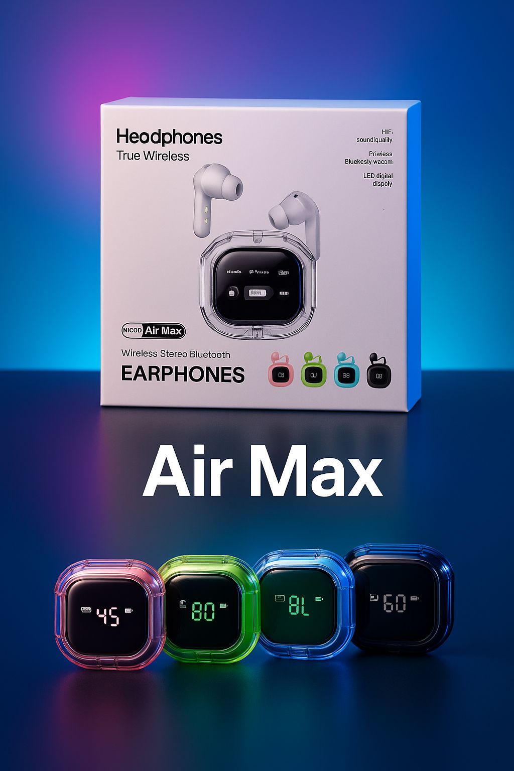 "LCD Display Earbuds – Air Max Bluetooth 5.1 TWS Air Buds for Android/iPhone"