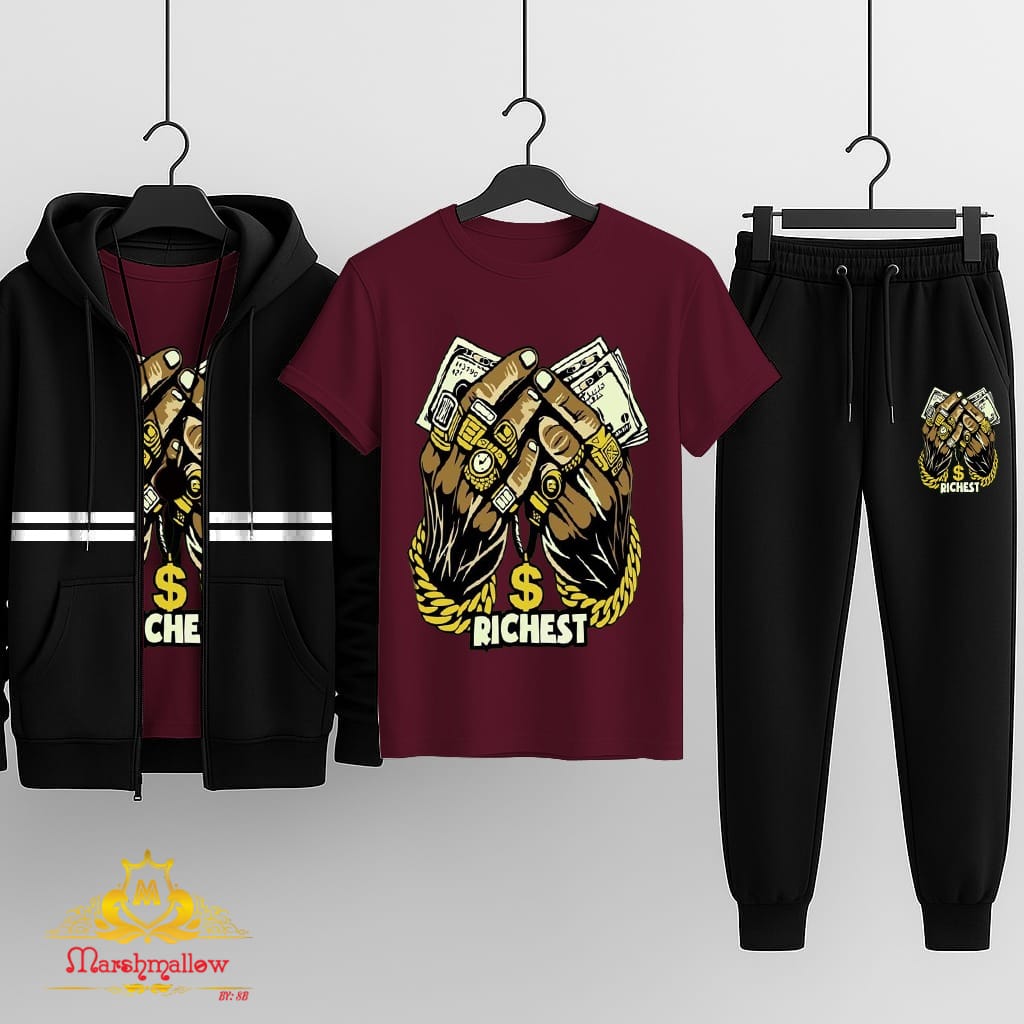 Pack of 3(Hooded Zipper +T-Shirt +Trouser)