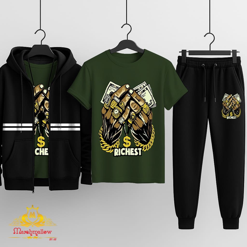 Pack of 3(Hooded Zipper +T-Shirt +Trouser)