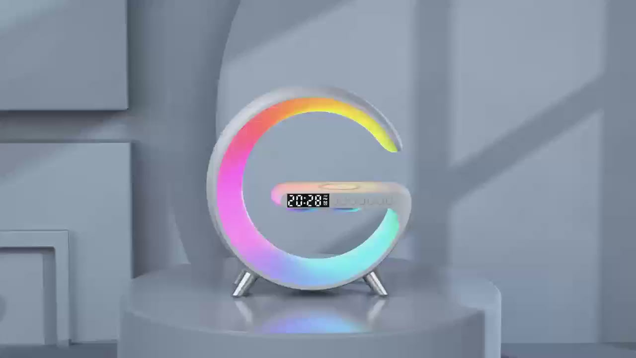 LED Smart Wake Up Light RGB Night Light with Wireless Speaker 15W Fast Wireless Charger Desk Lamp for Bedroom Bedside Game Room
